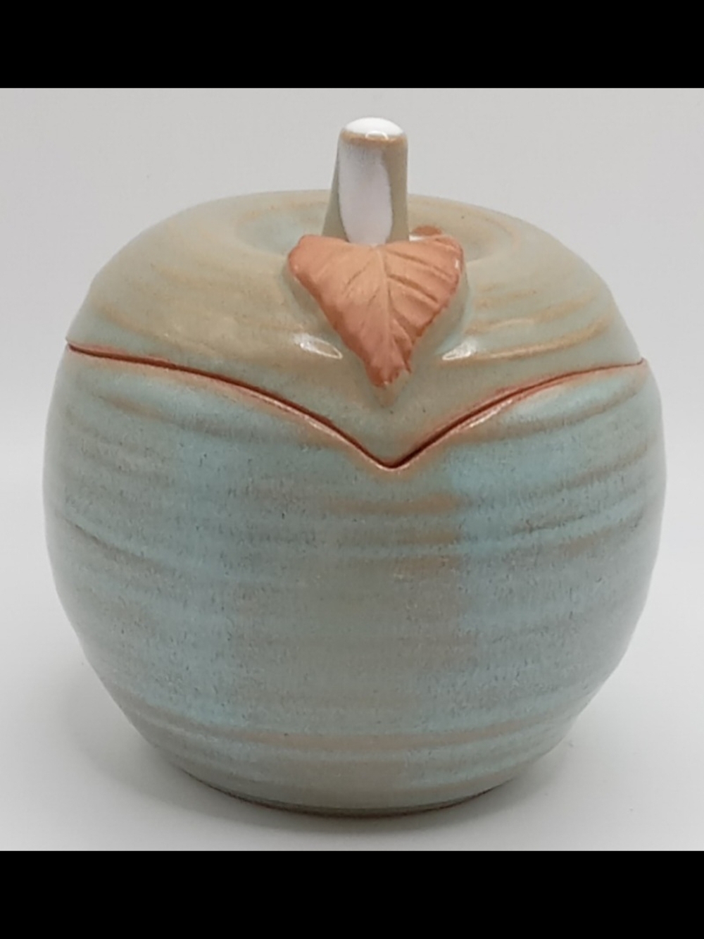 Artisanal Hand Thrown Clay Apple Jar & Lid Muted Green Blue Glaze Red Clay Leaf